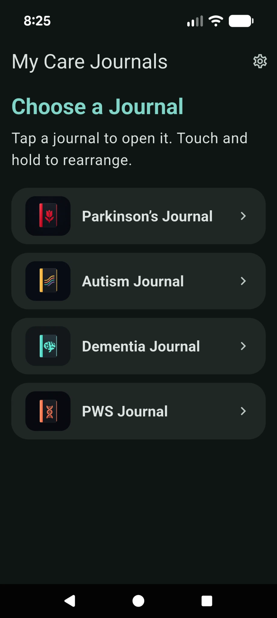 Actual My Care Journals choose-a-journal screen featuring Parkinson’s, Autism, Dementia, and PWS