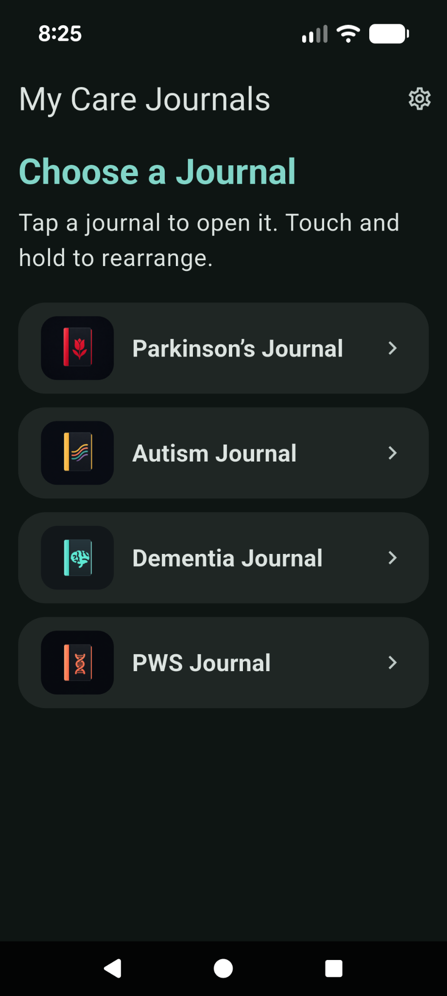 My Care Journals selection screen