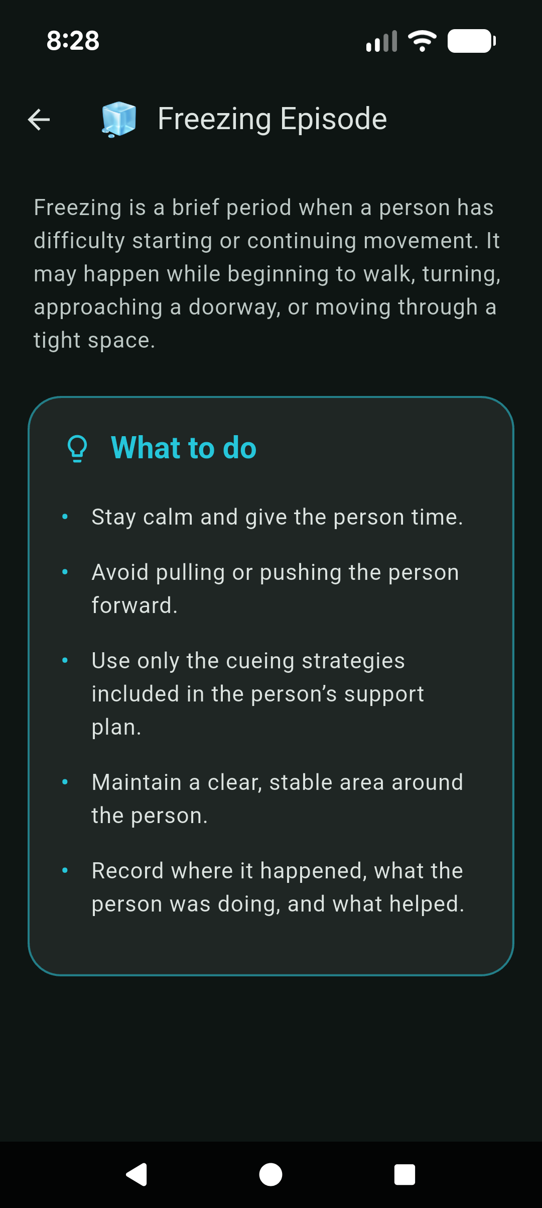 Parkinson’s freezing episode guidance screen
